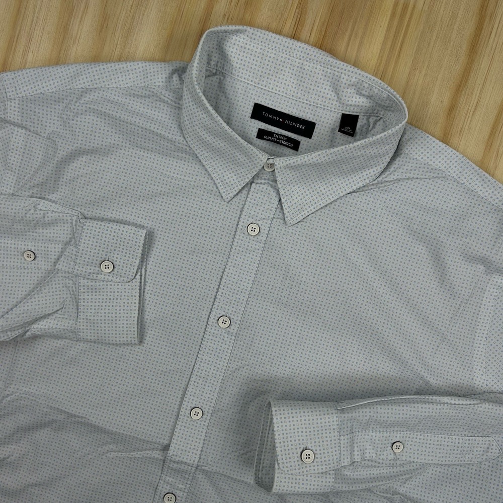 Tommy Hilfiger Shirt Mens 2XL‎ XXL White Blue Check TH Tech Slim Fit Button Up